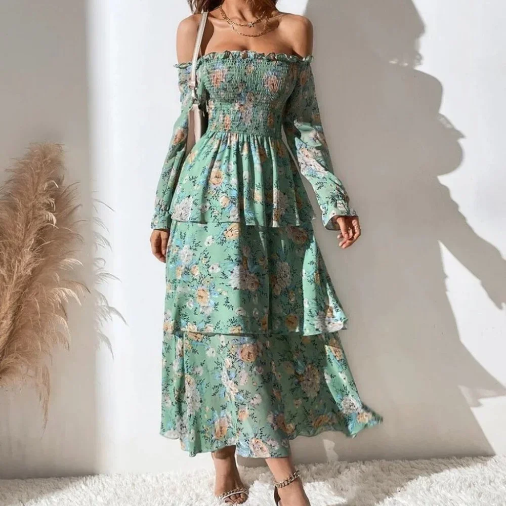green Off The Shoulder Shirred Layered Hem Floral Printed Dress - Picture 8 of 8